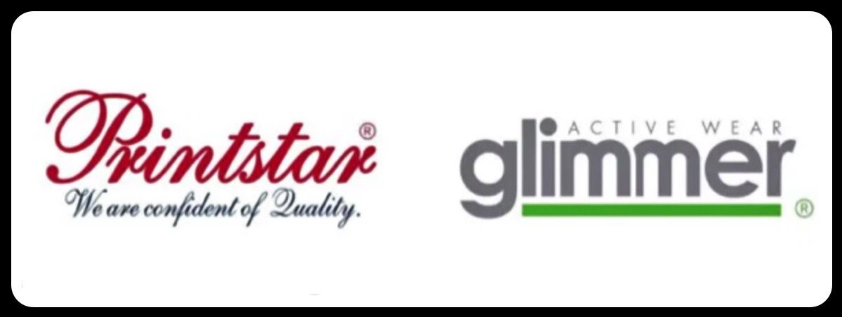 Printstarとglimmerのロゴ。Printstarは赤い筆記体で「品質に自信あり」というスローガン、glimmerはグレーのアクティブウェアブランド名で緑のライン入り。