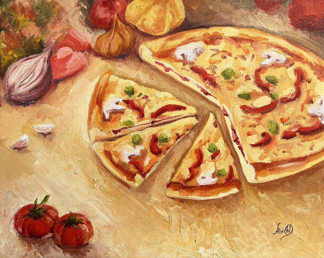 "Pizza", original oil painting work, 2023