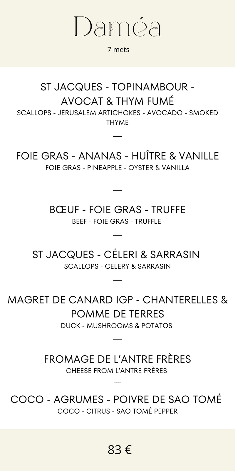 Menu DAMÉA - 7 mets selection fromage
