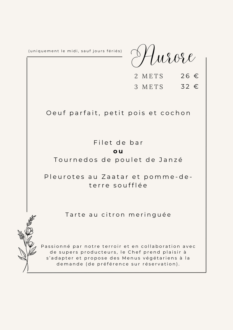 Menu AURORE - 2 ou 3 mets