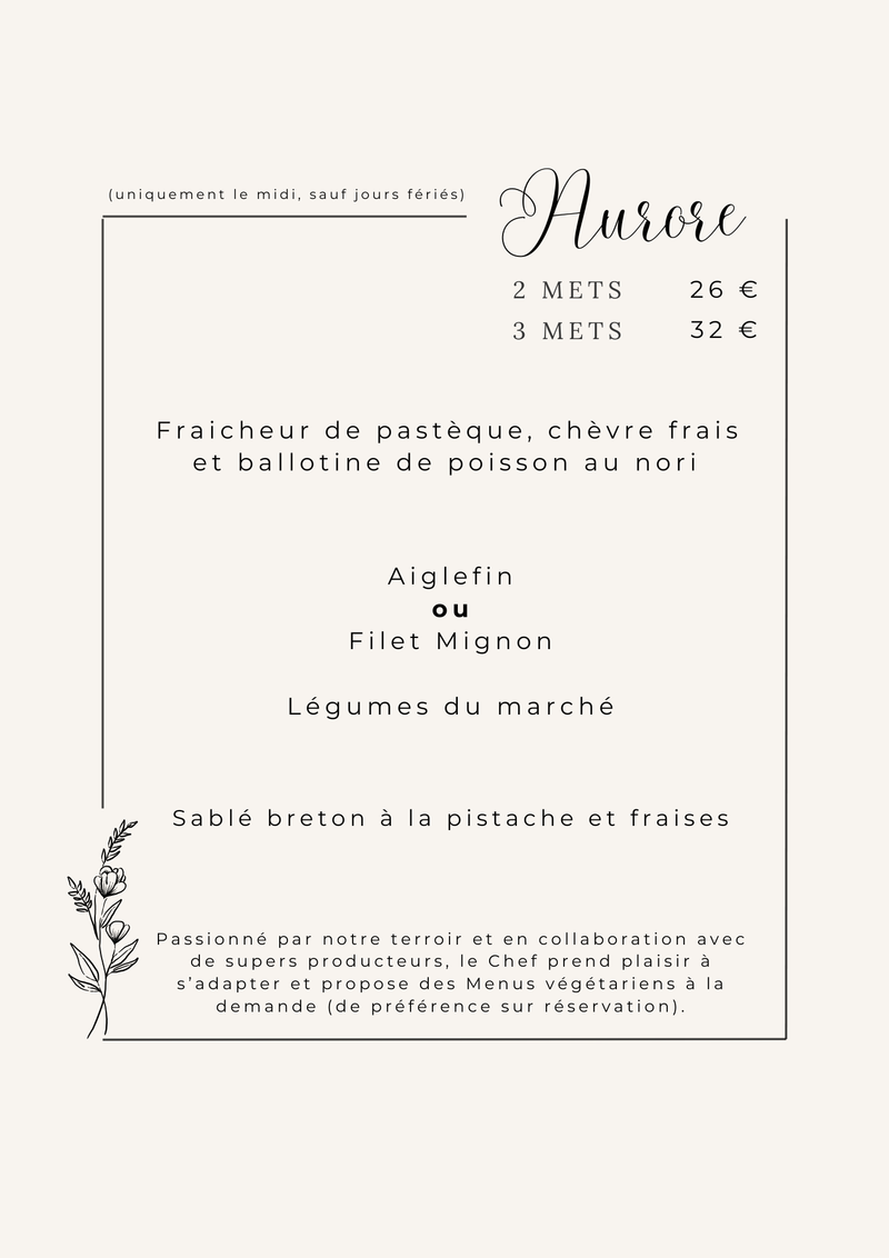Menu AURORE - 2 ou 3 mets