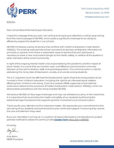 PERK Sends Letter to Every Superintendent in the State of CA