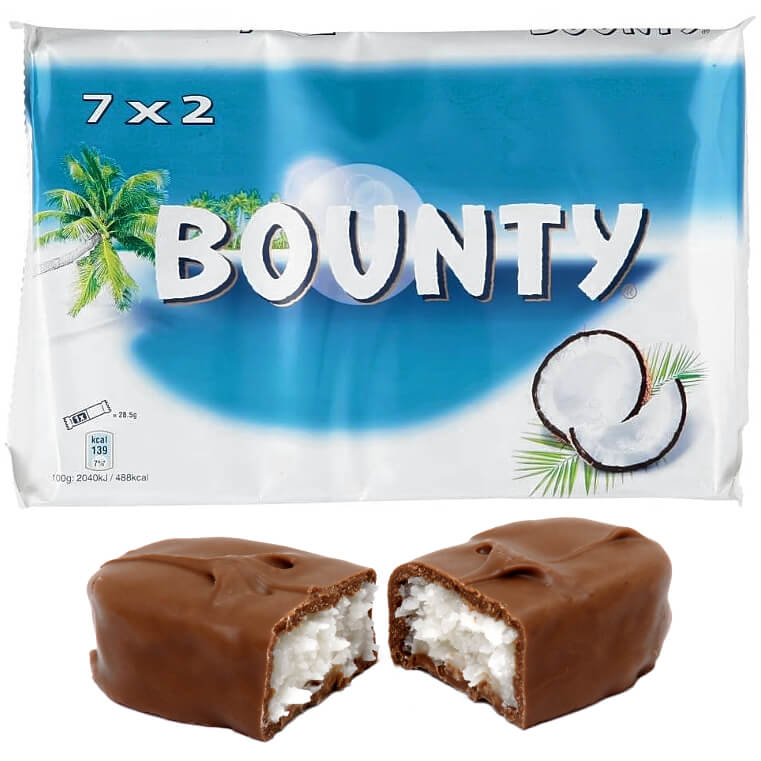 Bounty milk chocolate bar split open with packaging