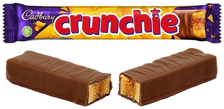 2023 Cadbury Crunchie bar in wrapper with bar split in half