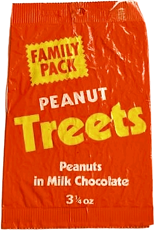 Peanut Treets Family Pack bag from the 1970s. Orange packet with yellow text.