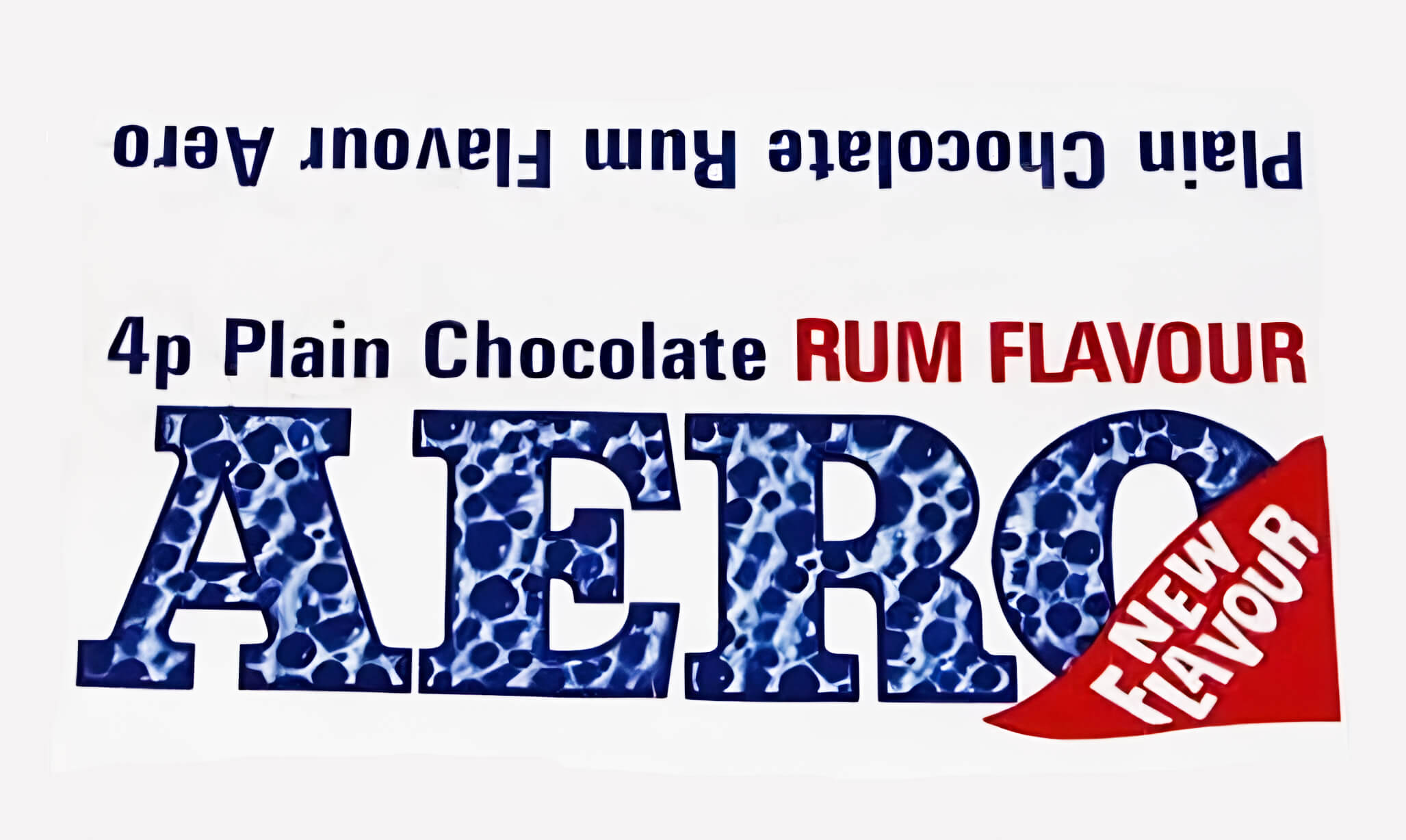 Plain Chocolate Rum Flavour Aero wrapper from the 1970s, white with blue text. Price 4p