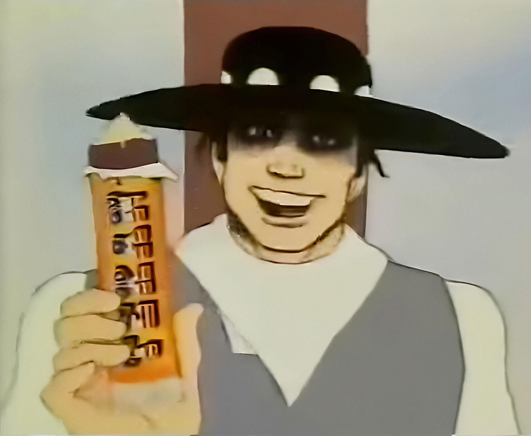 Cartoon cowboy holding a Texan chocolate bar. Screenshot from a 1973 TV advert.