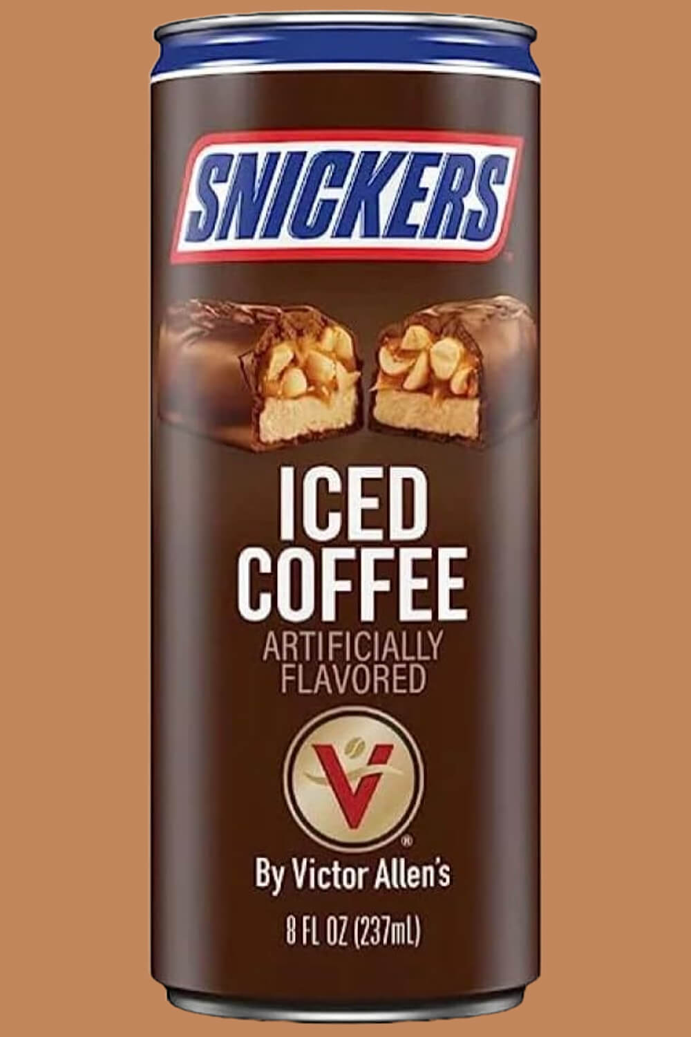 A can of Victor Allen's Snickers Iced Coffee, brown