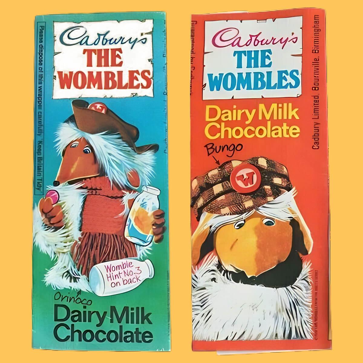 Two Cadbury's The Wombles chocolate bar wrappers featuring Orinoco (blue and green wrapper) and Bungo (orange wrapper)