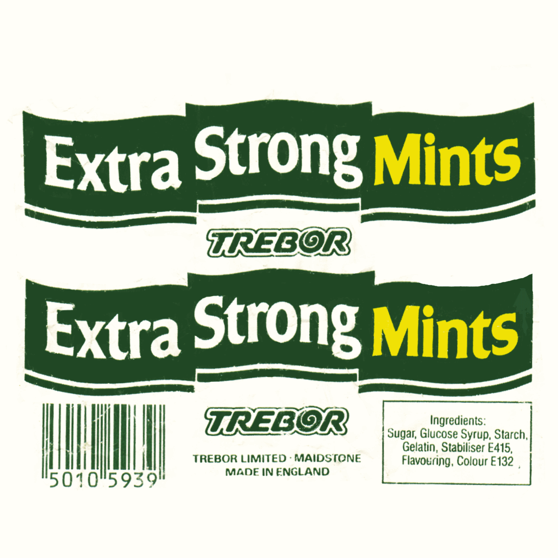 Trebor Extra Strong Mints wrapper design from 1985, green and yellow text with white background