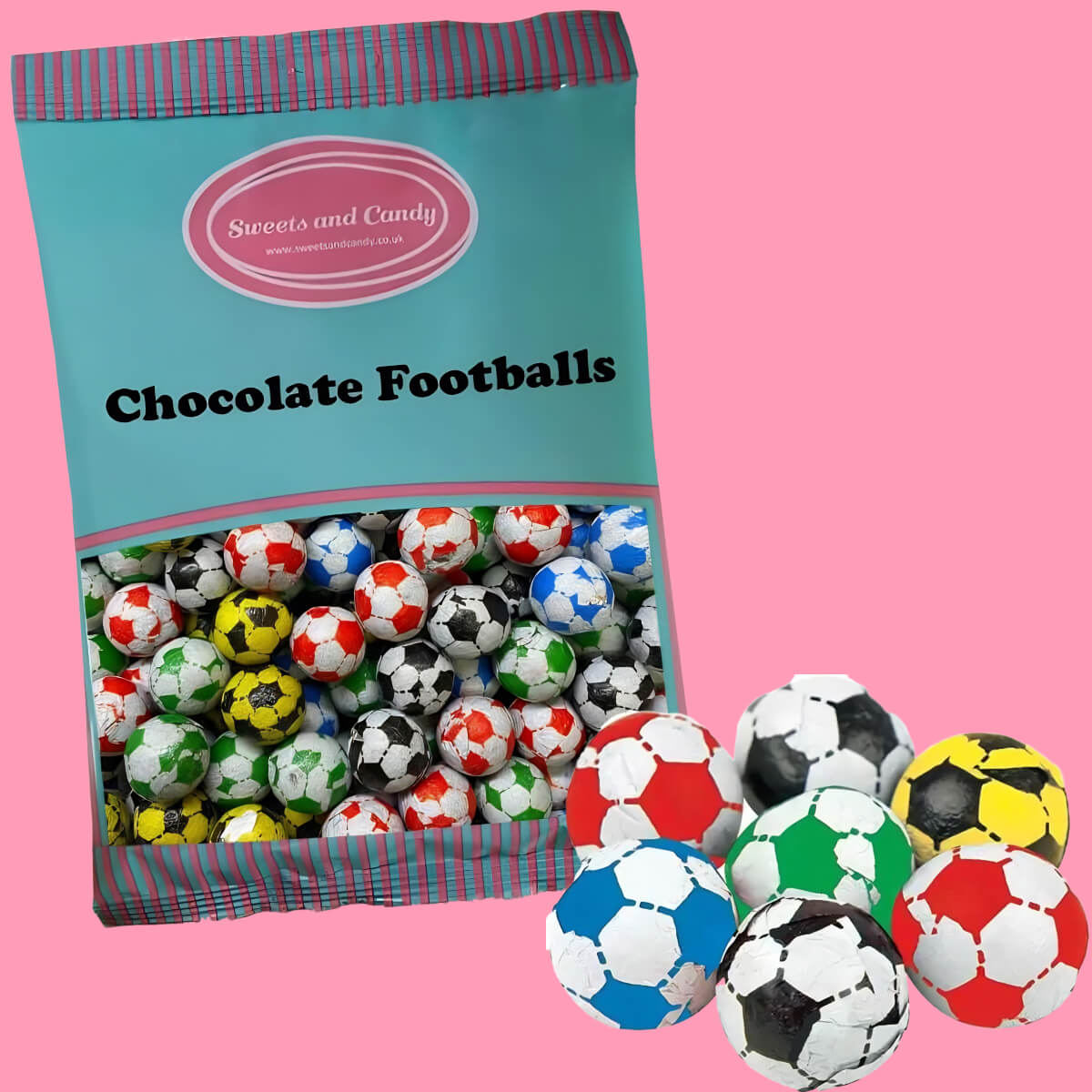 Bag of chocolate footballs with pink background