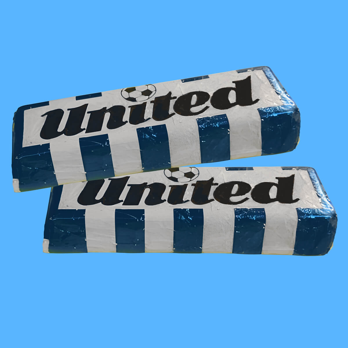 Two United chocolate biscuit bars in blue and white striped foil wrappers