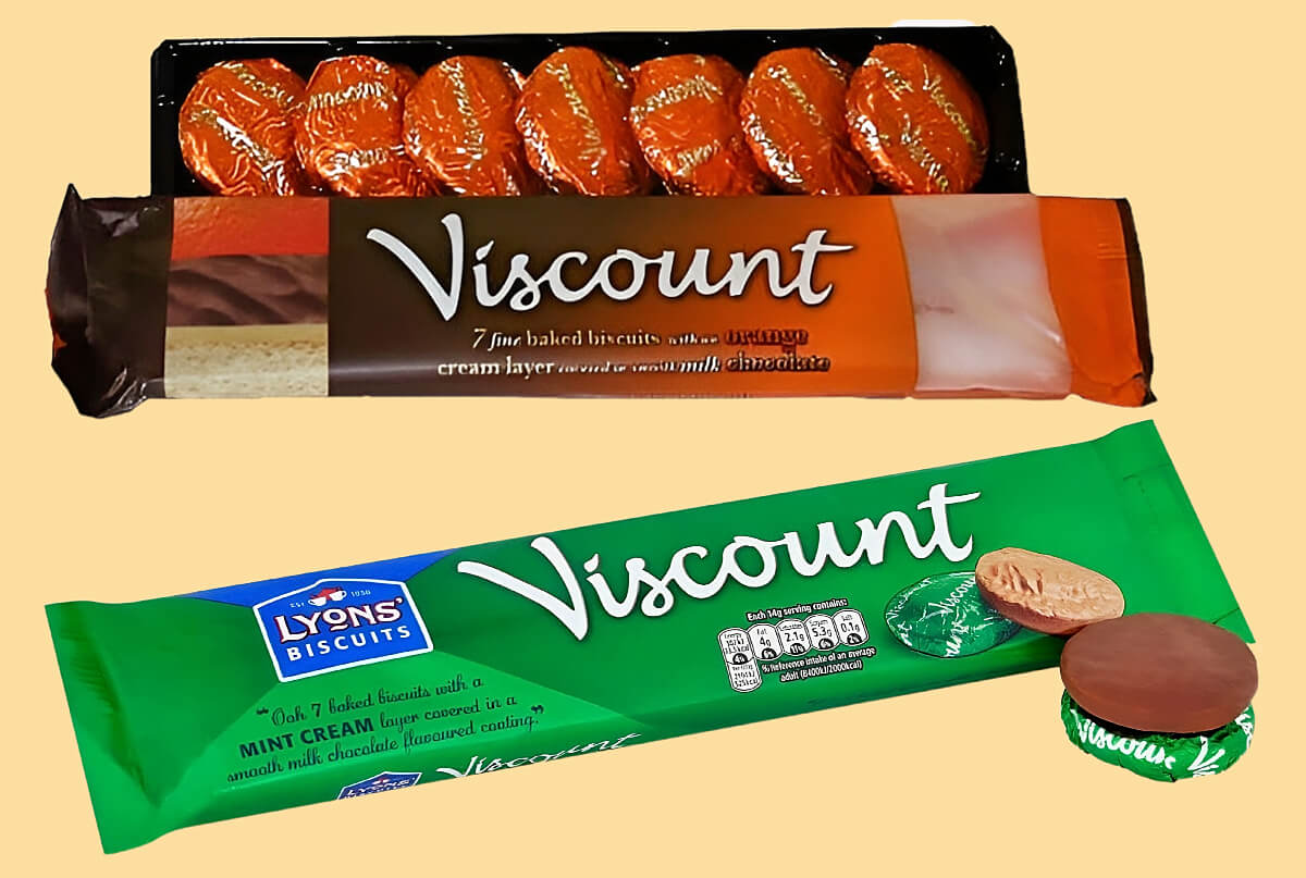 Packet of Orange Viscount and Mint Viscount biscuits