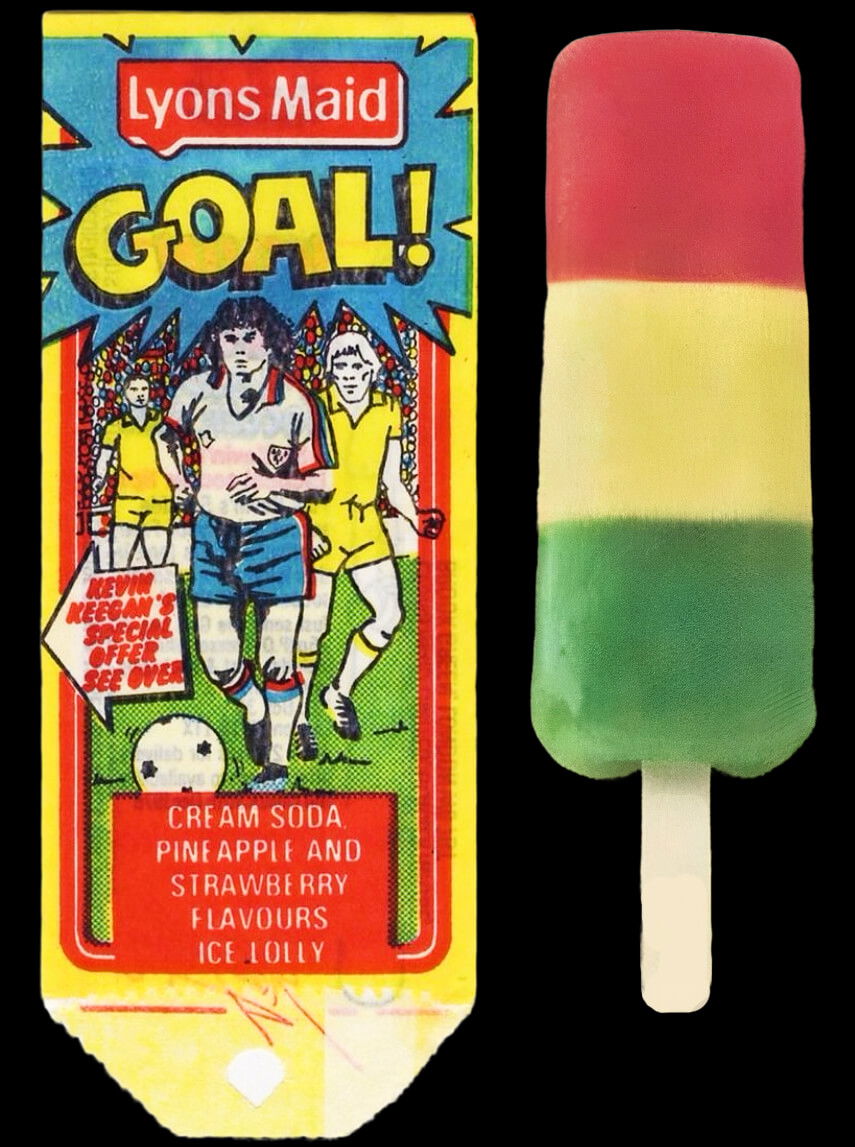 Lyons Maid Goal! ice lolly. Wrapper and lolly which is red, yellow and green.