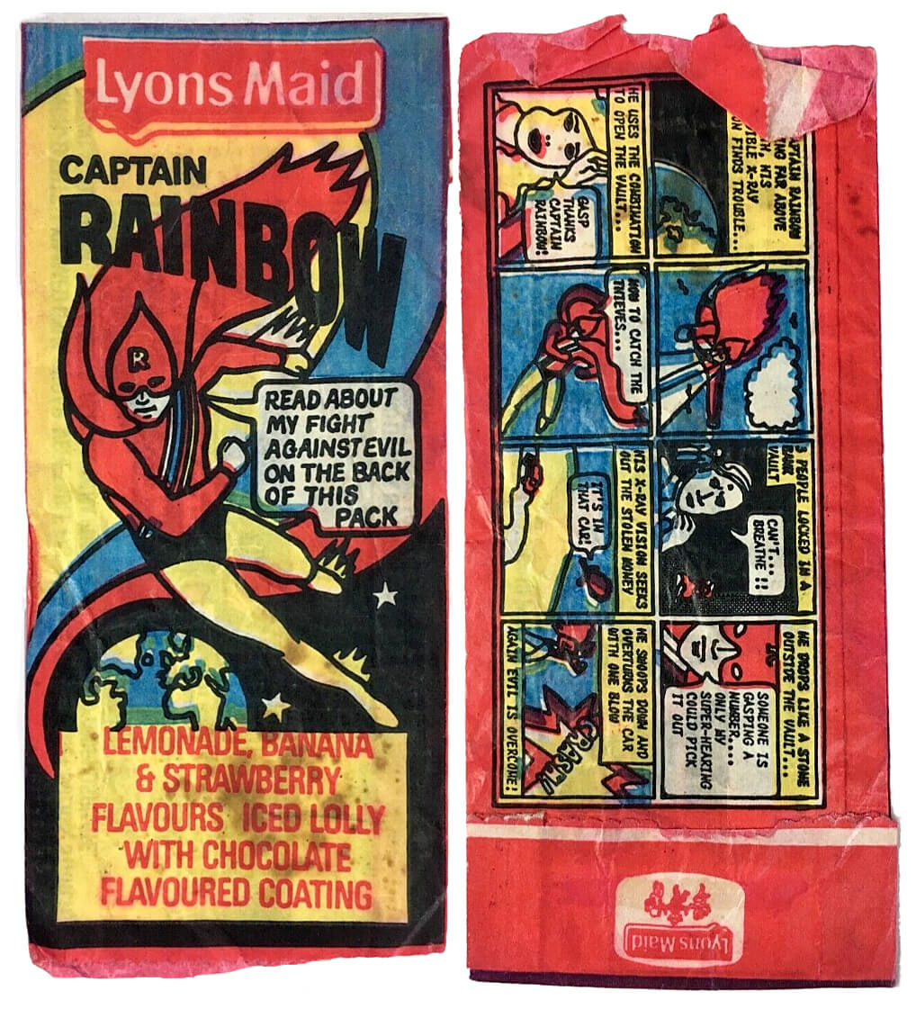 Lyons Maid Captain Rainbow iced lolly wrapper, front and rear view