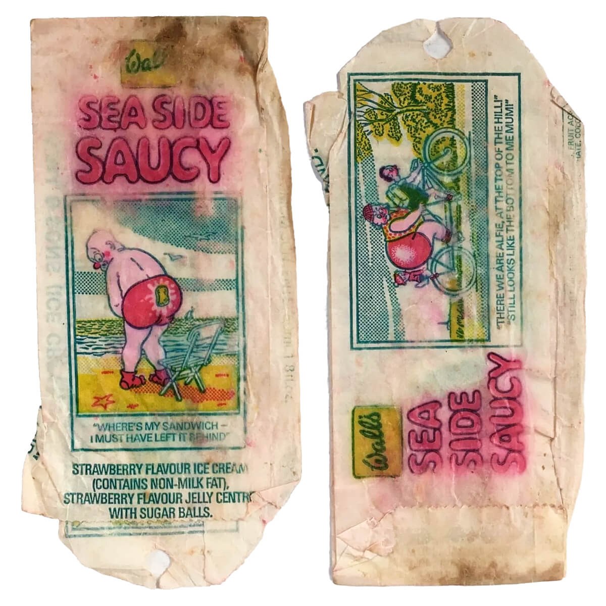 Wall's Sea Side Saucy, ice lolly wrapper, front and rear view