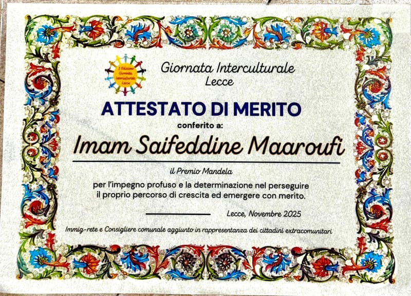 L'imam Saifeddine Maaroufi premiato per il libro "Dibattito tra islam e ateismo"