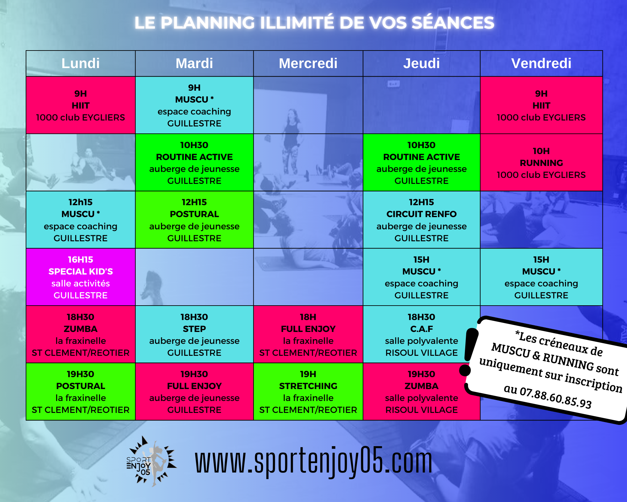 RETROUVEZ LE PLANNING DE VOS SEANCES!