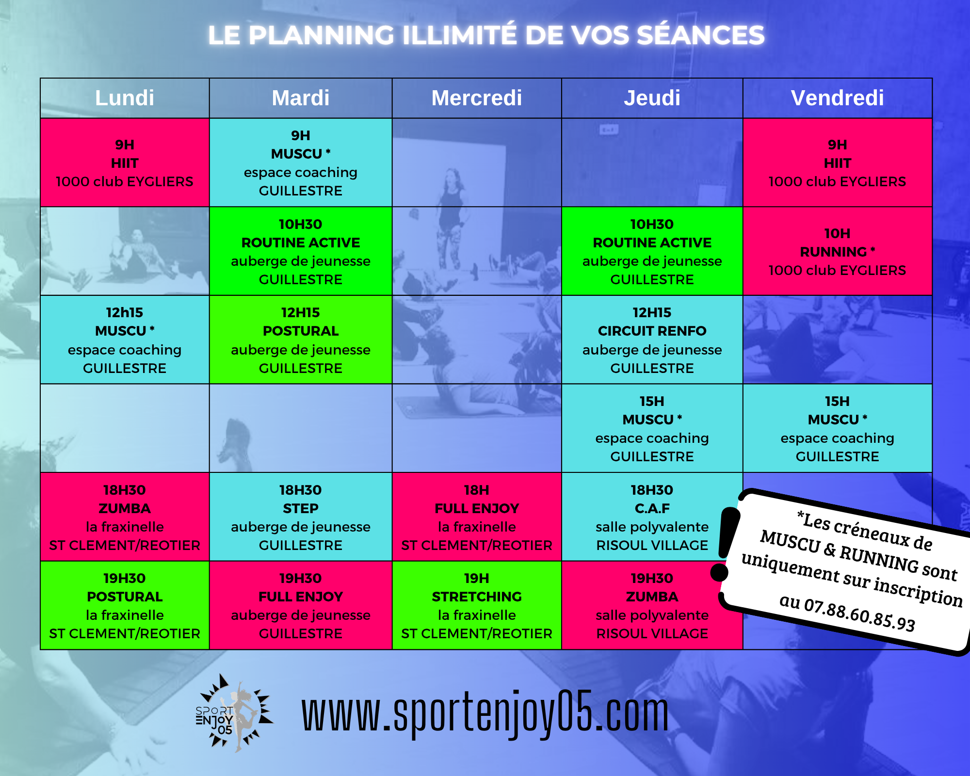 RETROUVEZ LE PLANNING DE VOS SEANCES!