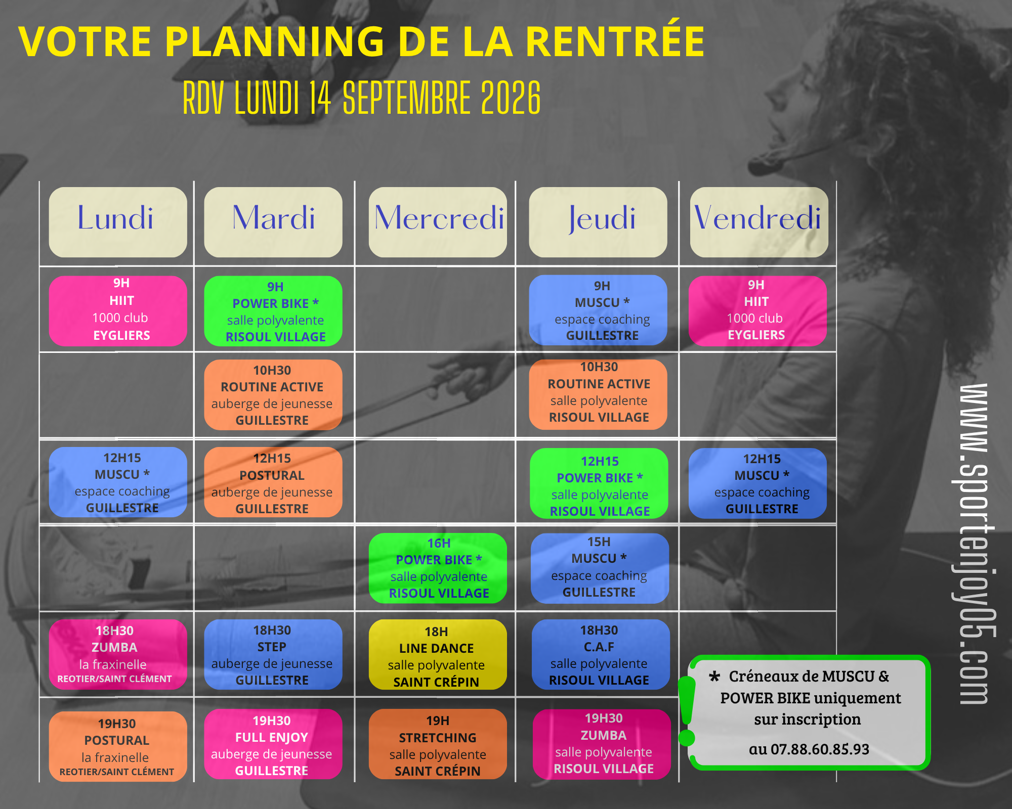 RETROUVEZ LE PLANNING DE VOS SEANCES!