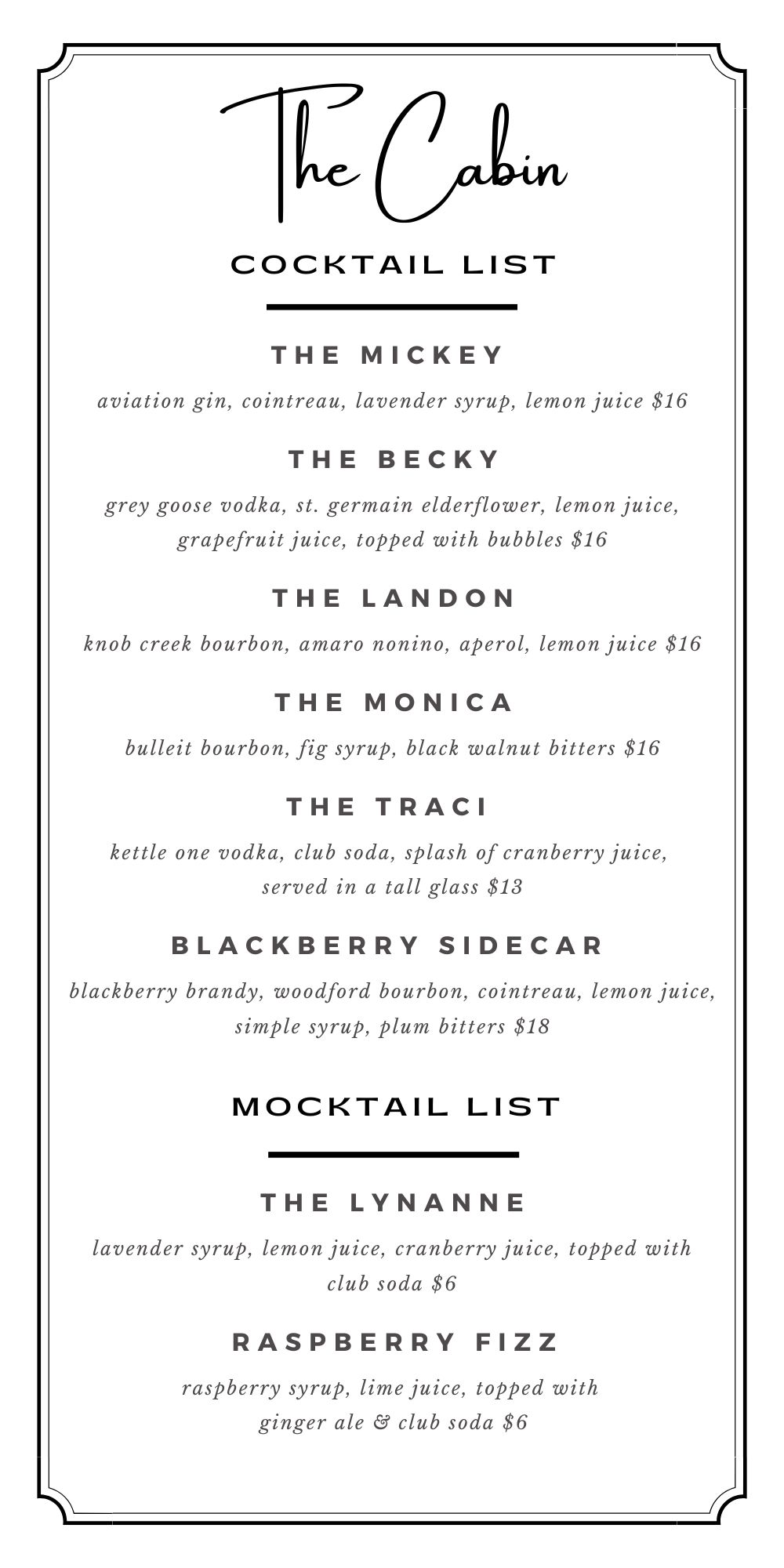 The cabin menu hotsell