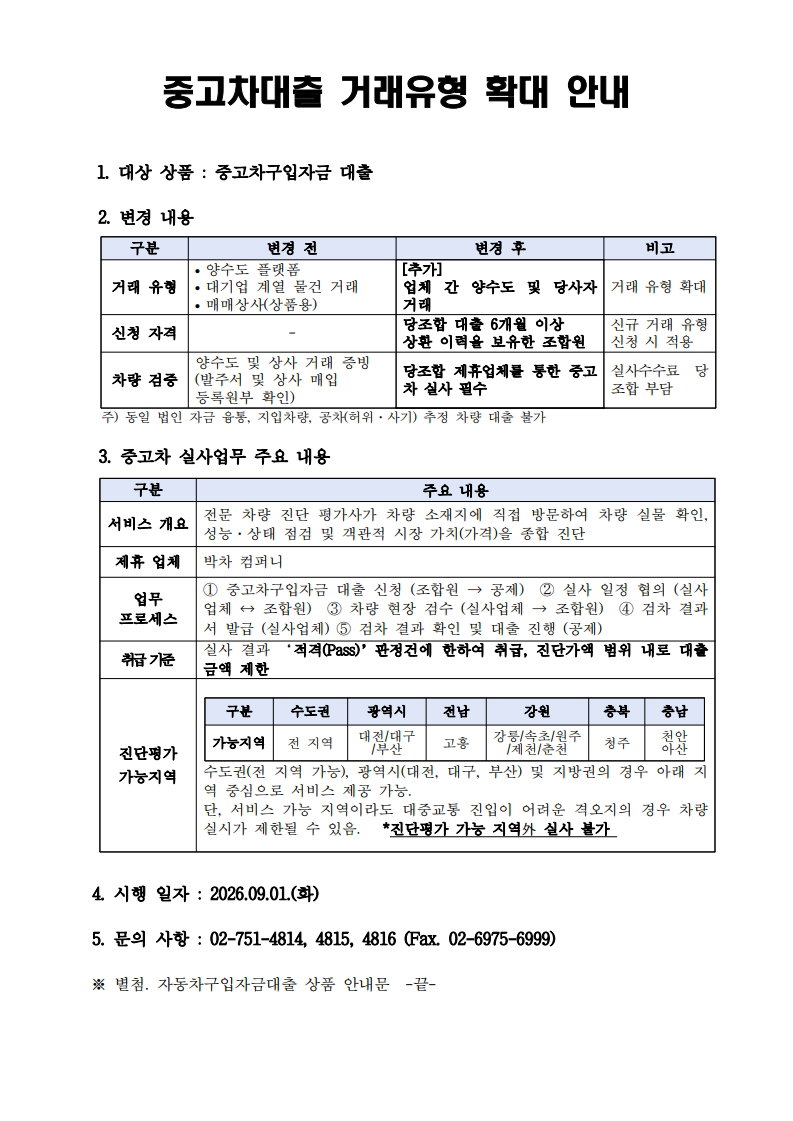 전국렌터카공제조합의 중고차구입자금 대출 거래유형이 확대되었습니다!