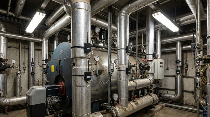 Chaufferie instrumentée avec capteurs LoRaWAN sur les tuyauteries