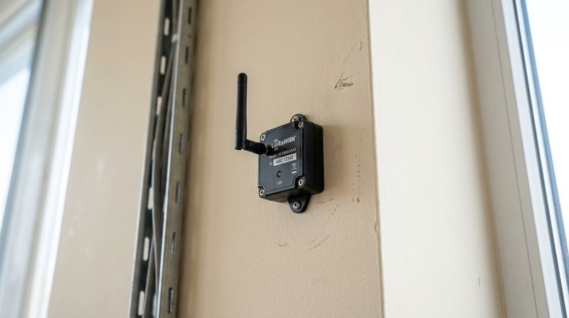 Capteur LoRaWAN fixé sur un mur de bâtiment tertiaire
