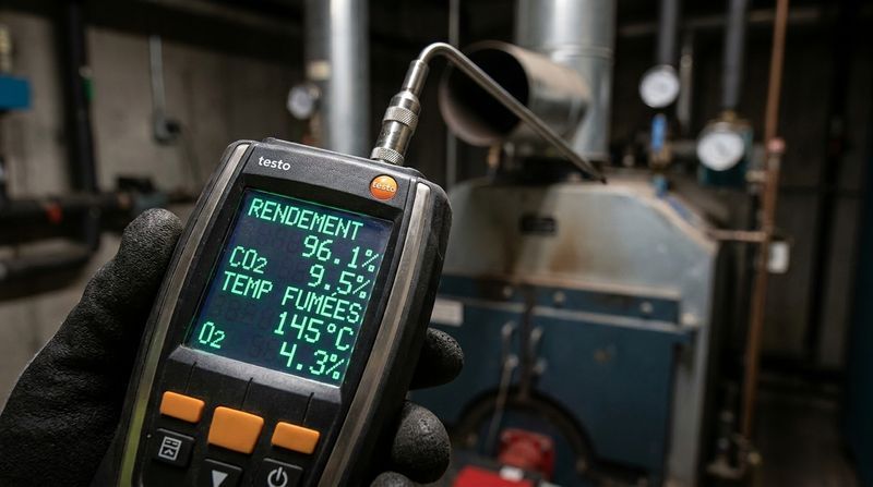 Analyse de combustion avec rendement de 96%, mesurée à l'aide d'un analyseur de fumées portatif