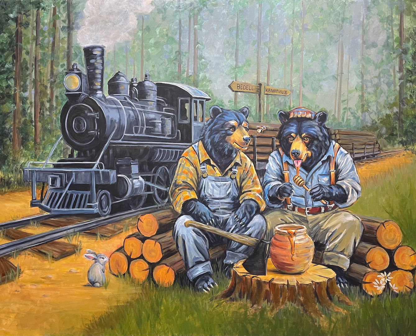 Steam train and logging bears