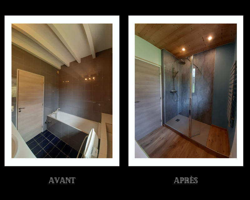 Salle de bain épicéa, gris béton et bleu arctique