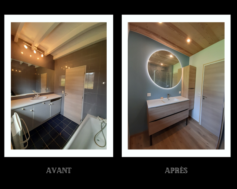 Salle de bain épicéa, gris béton et bleu arctique