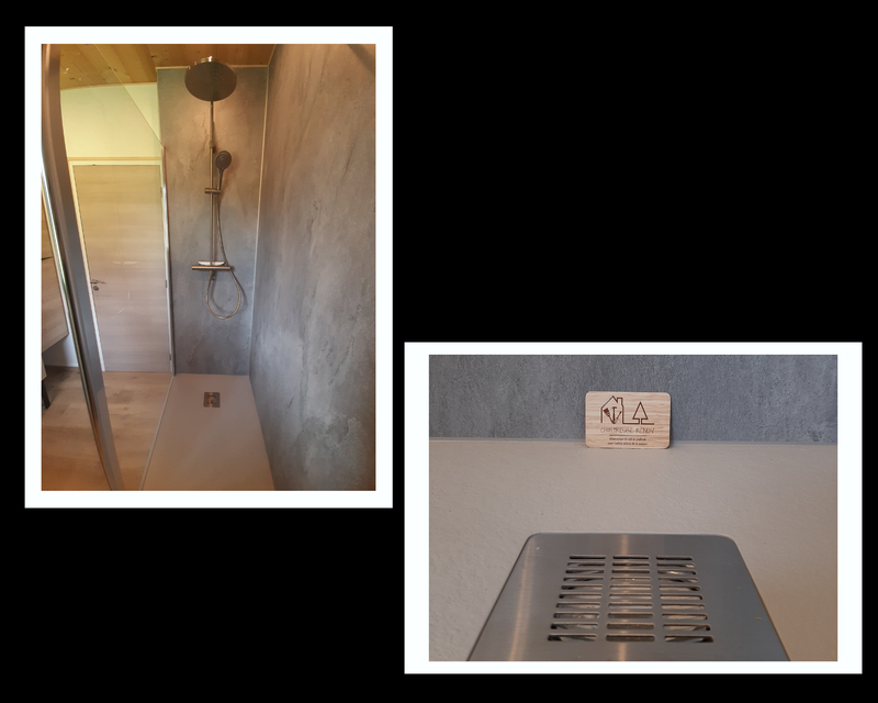 Salle de bain épicéa, gris béton et bleu arctique