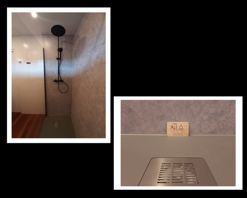 Salles de bain et WC gris, blanc, bois