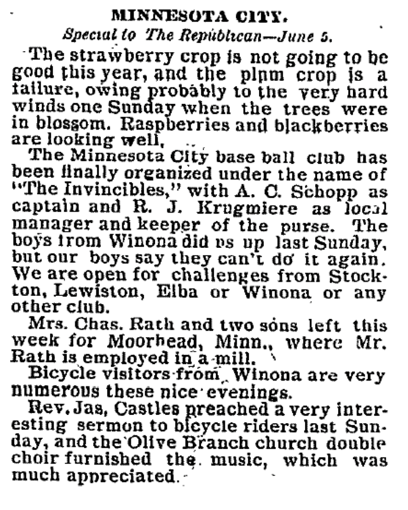 Minnesota CIty Baseball Club Organized June 5, 1896 Winona Daily Republican