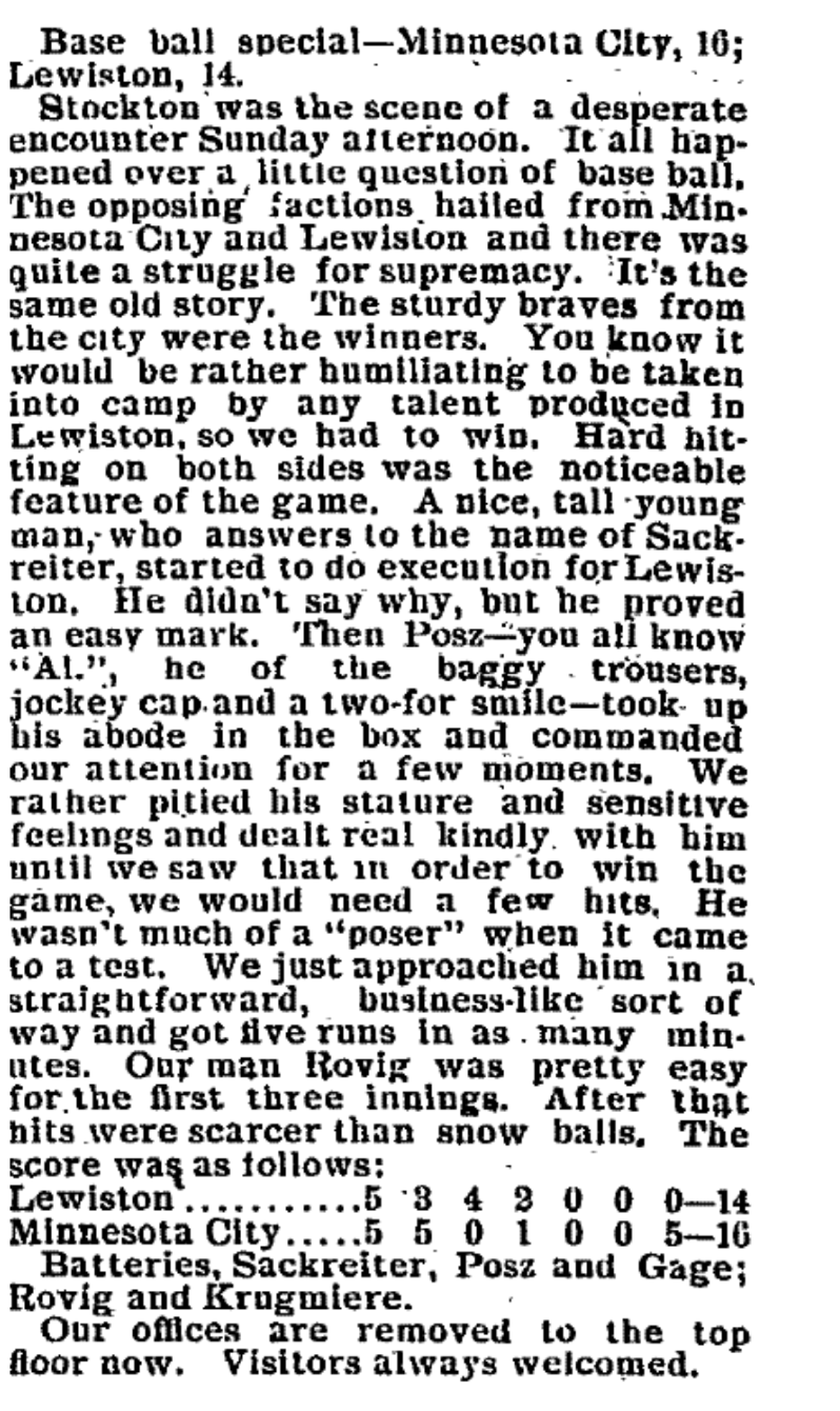 Minnesota City Baseball Game Described in Newspaper