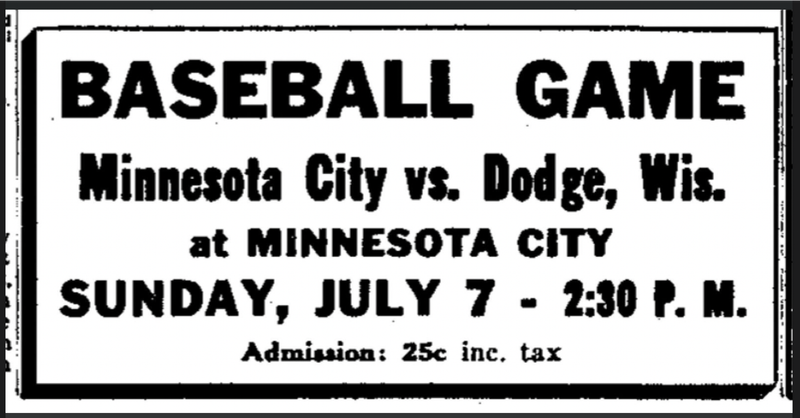 Ad for Minnesota City Baseball Game 1940's