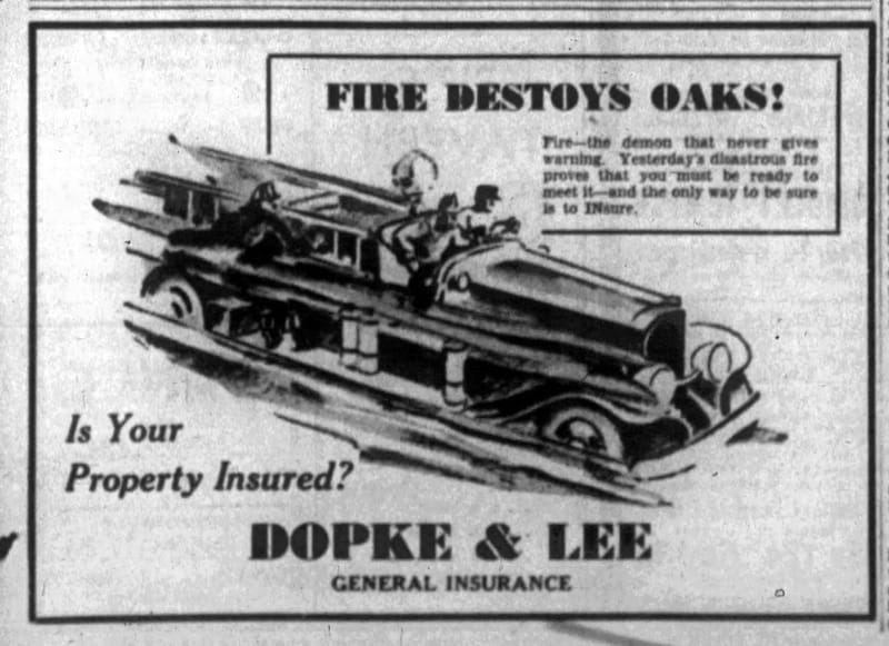 Insurance Company Advertisement Using Oaks Fire to Draw Customers 1935