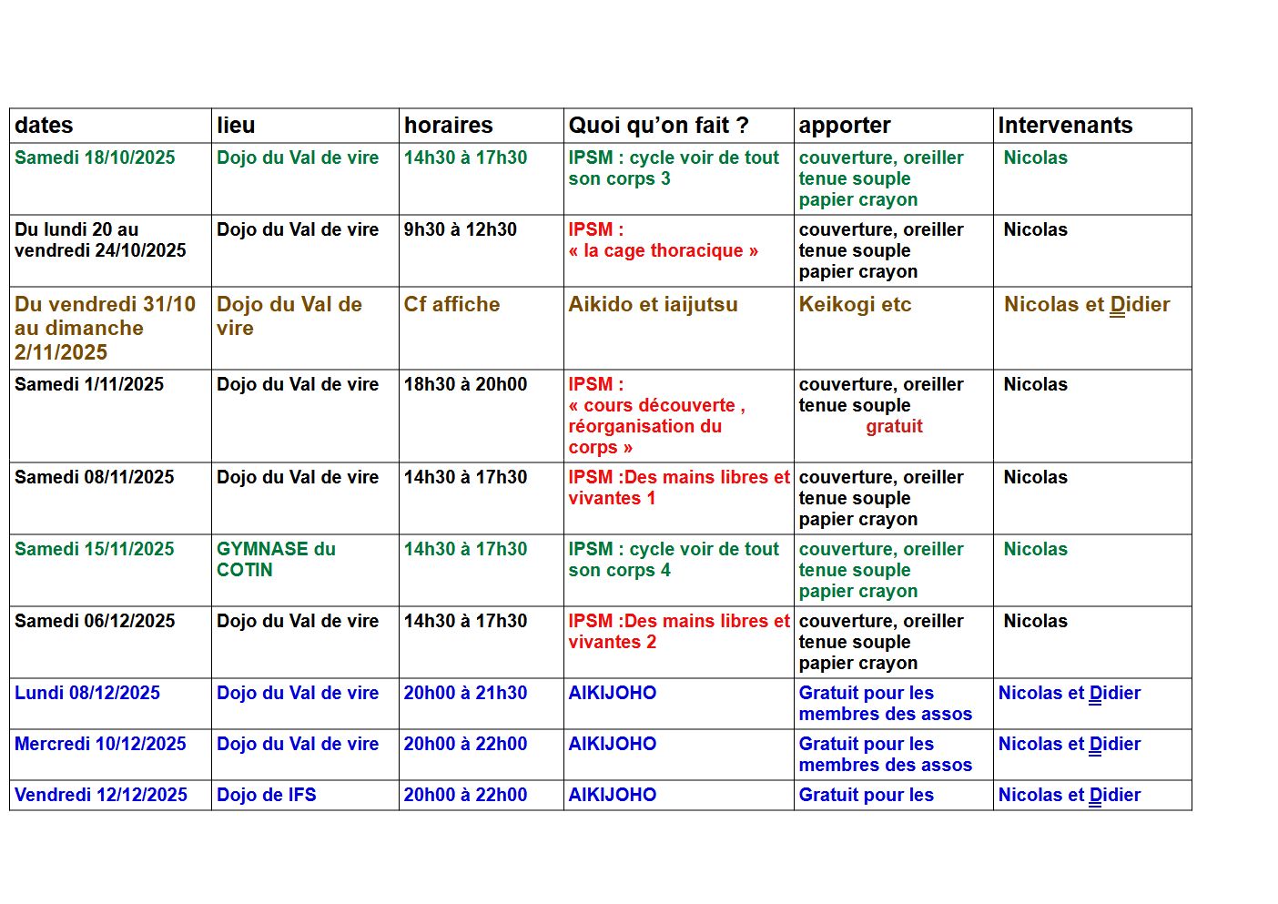 calendrier des stages