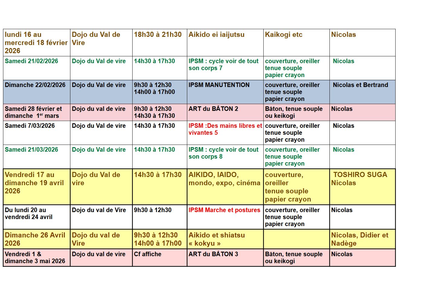calendrier des stages