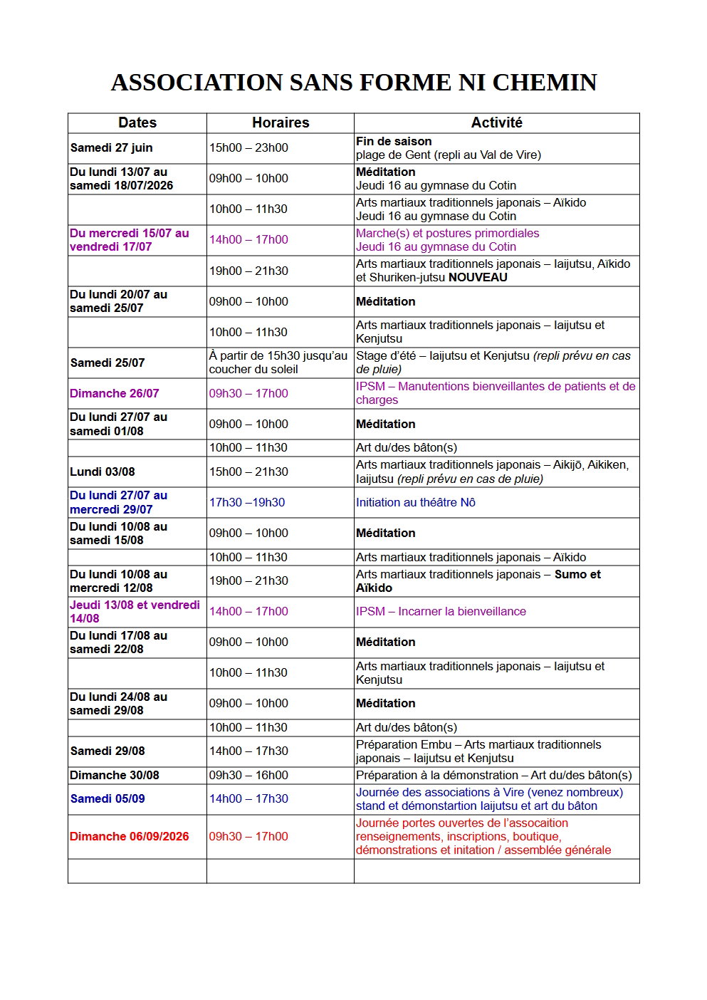 calendrier des stages