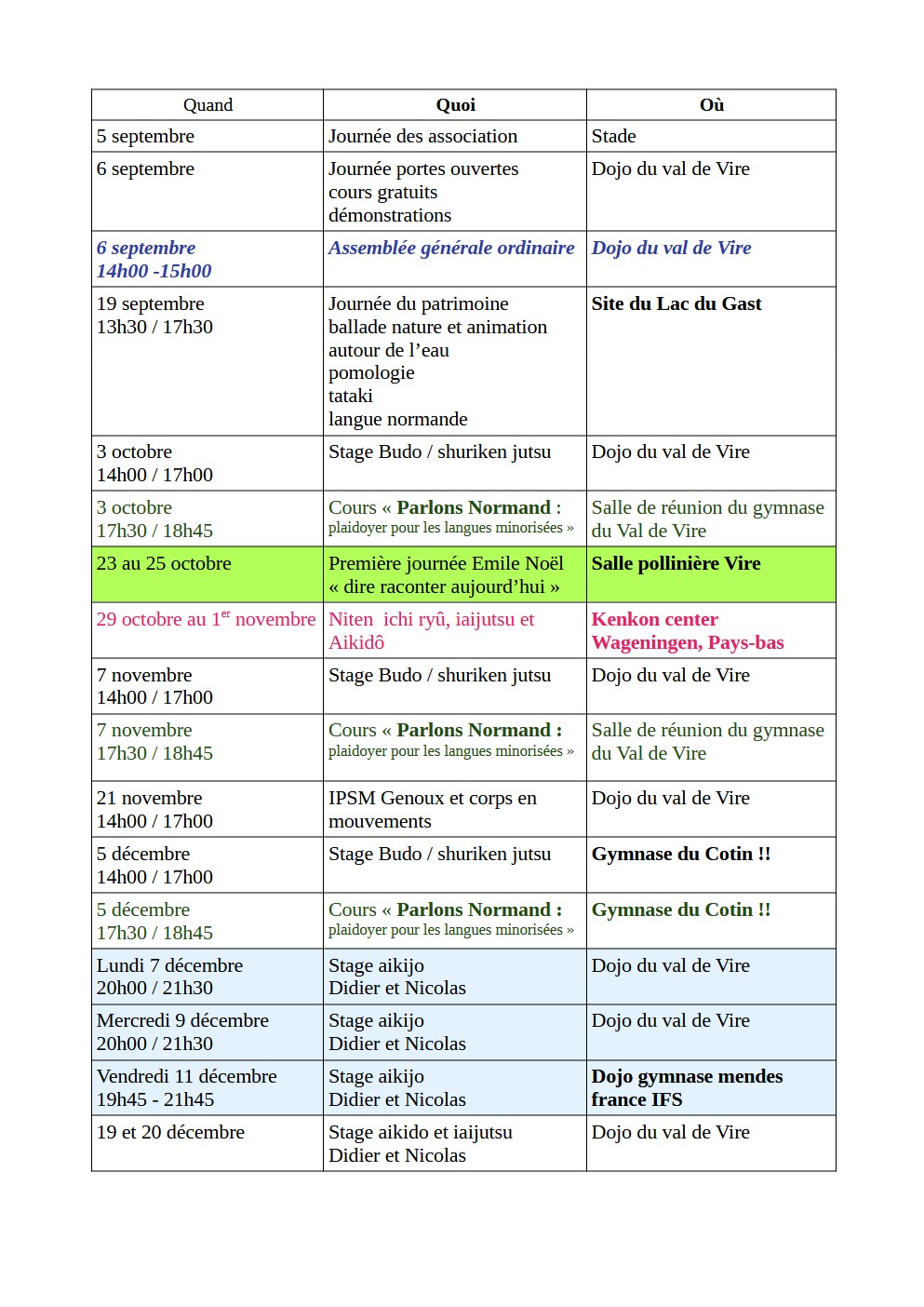 calendrier des stages