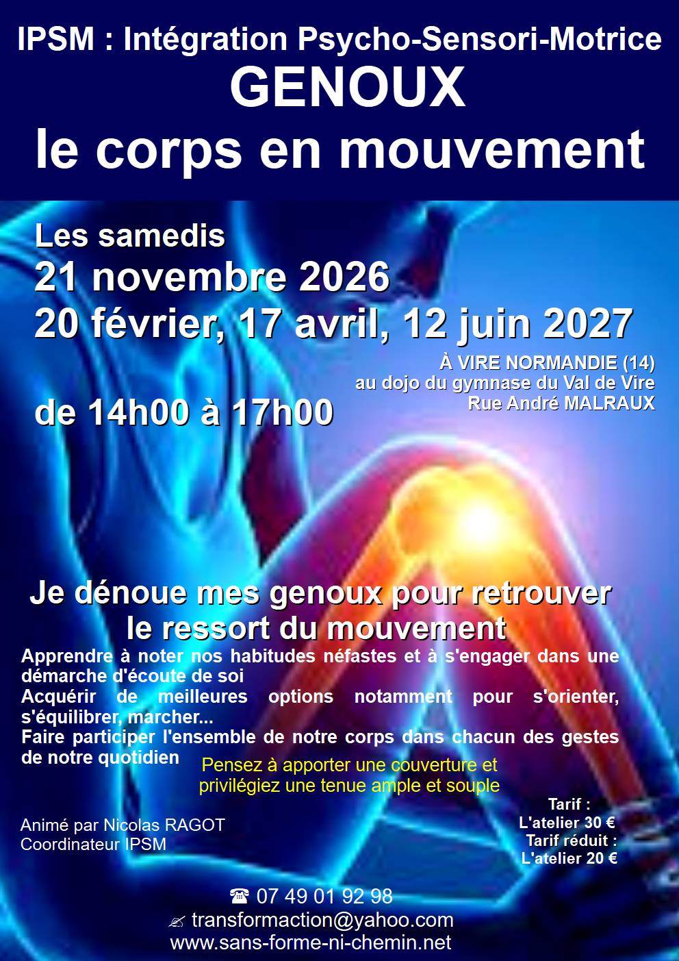 IPSM - douleurs et limitation de mouvements, stages et cours exceptionnels (2026 /2027 les genoux)