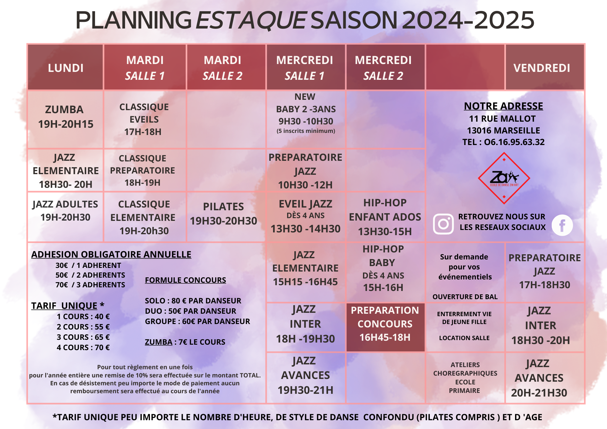 PLANNING ET TARIFS 2024-2025