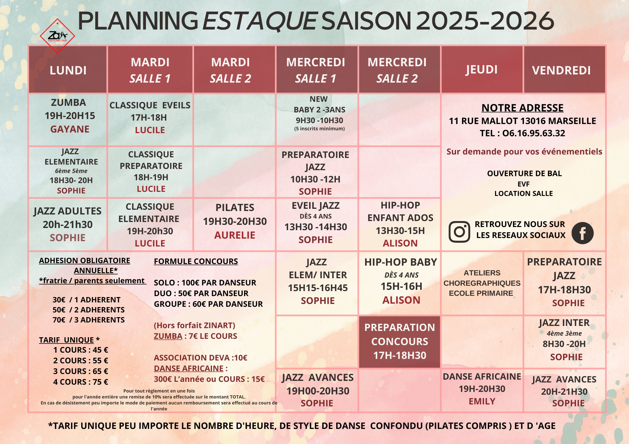 PLANNING ET TARIFS 2025-2026