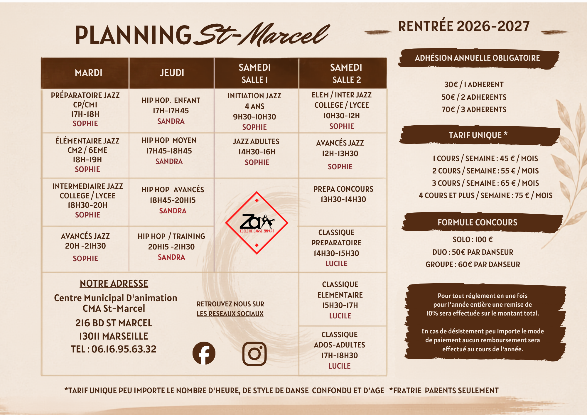 Planning et Tarifs 2026-2027