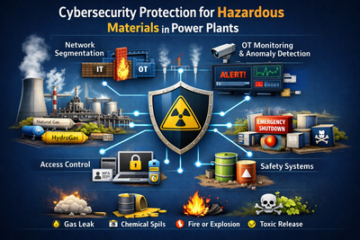 What is the connection between power plants and cybersecurity protection for hazardous materials?