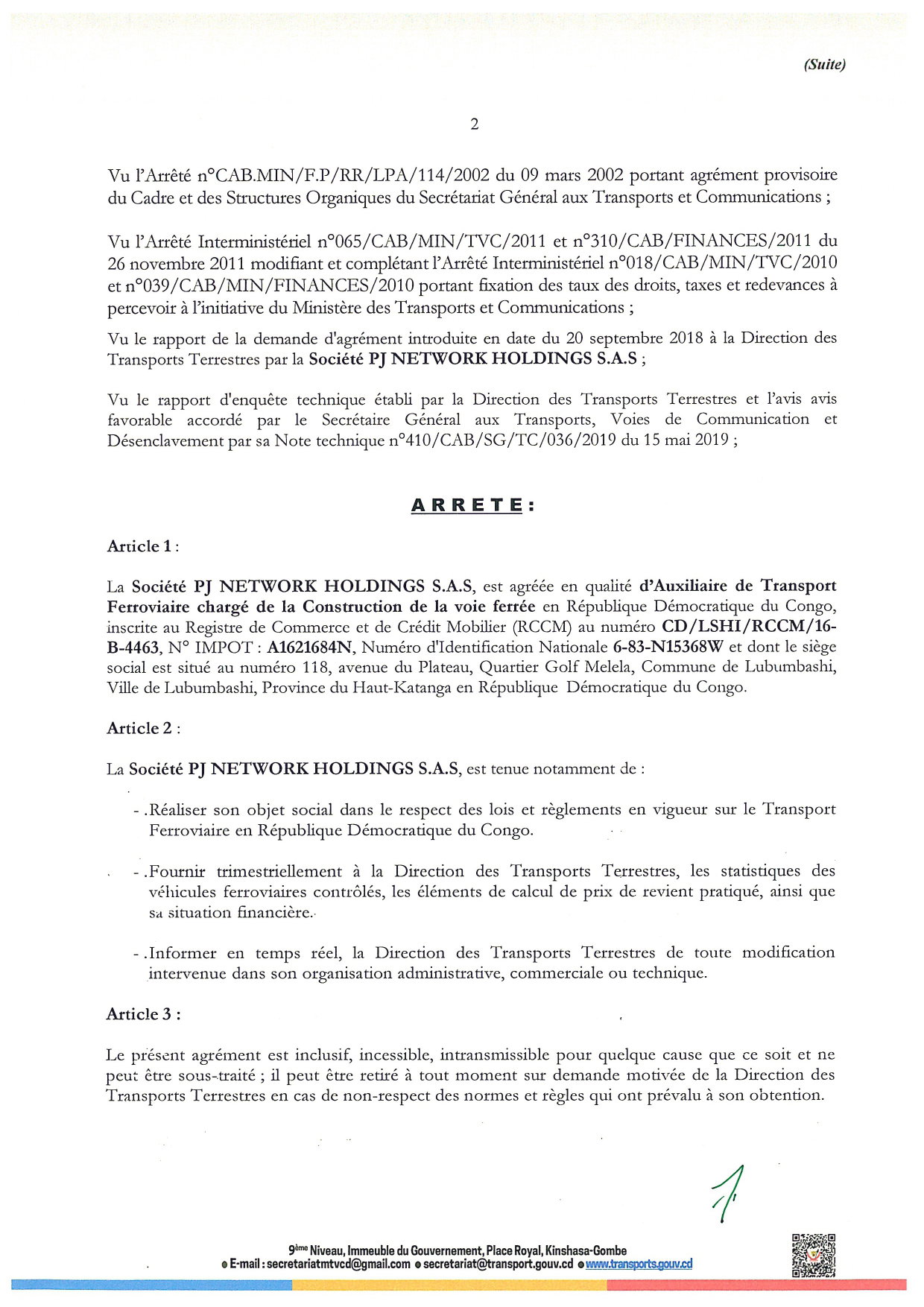 Arrete Ministerielle  