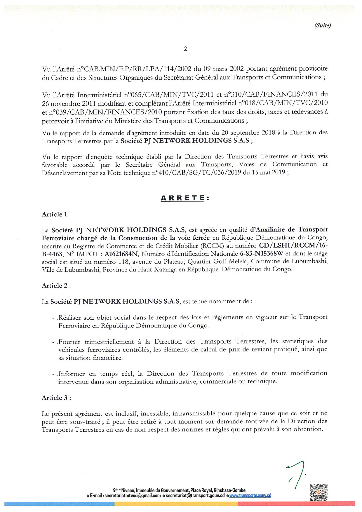 Arrete Ministerielle
