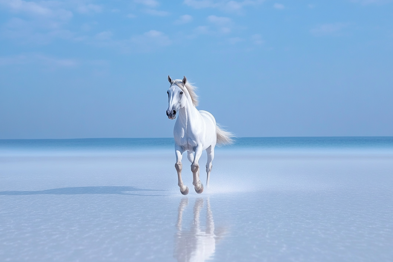 Weisses Pferd am Strand in Dubai